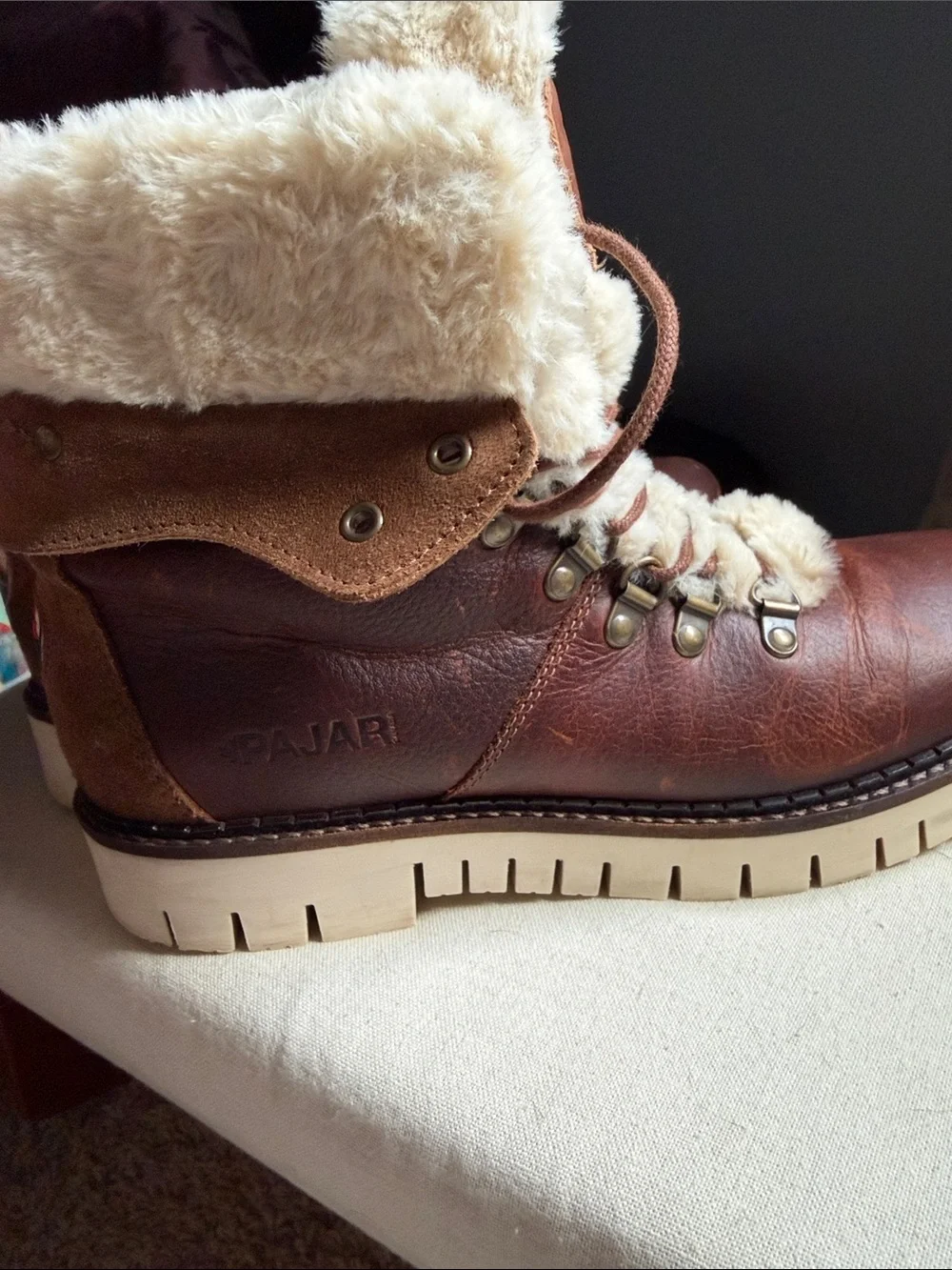 Pajar Brown Leather Fur-Trim Winter Boots with Cream Lining